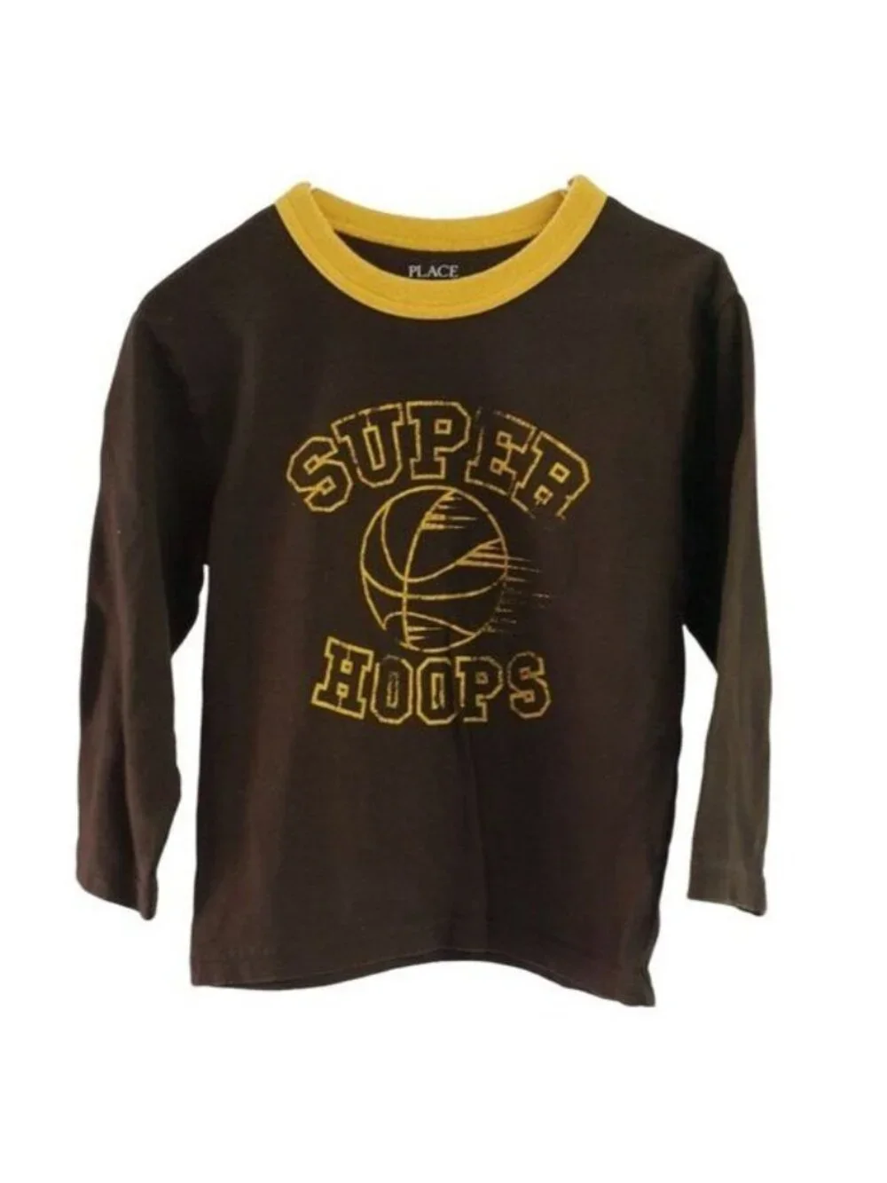 Children's Place Boys Super Hoops Basketball T Shirt Brown XS Long Sleeve Crew